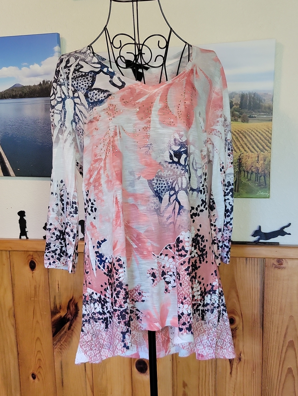 Style & Co. Coral, White and Navy Floral V-Neck Tunic